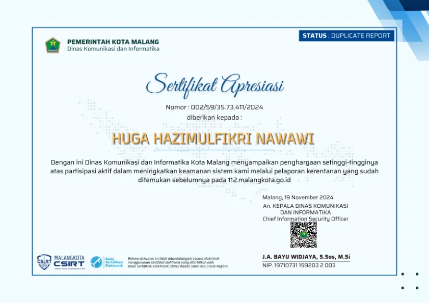 Sertifikat Apresiasi — Laporan Kerentanan 112.malangkota.go.id (Duplicate Report)